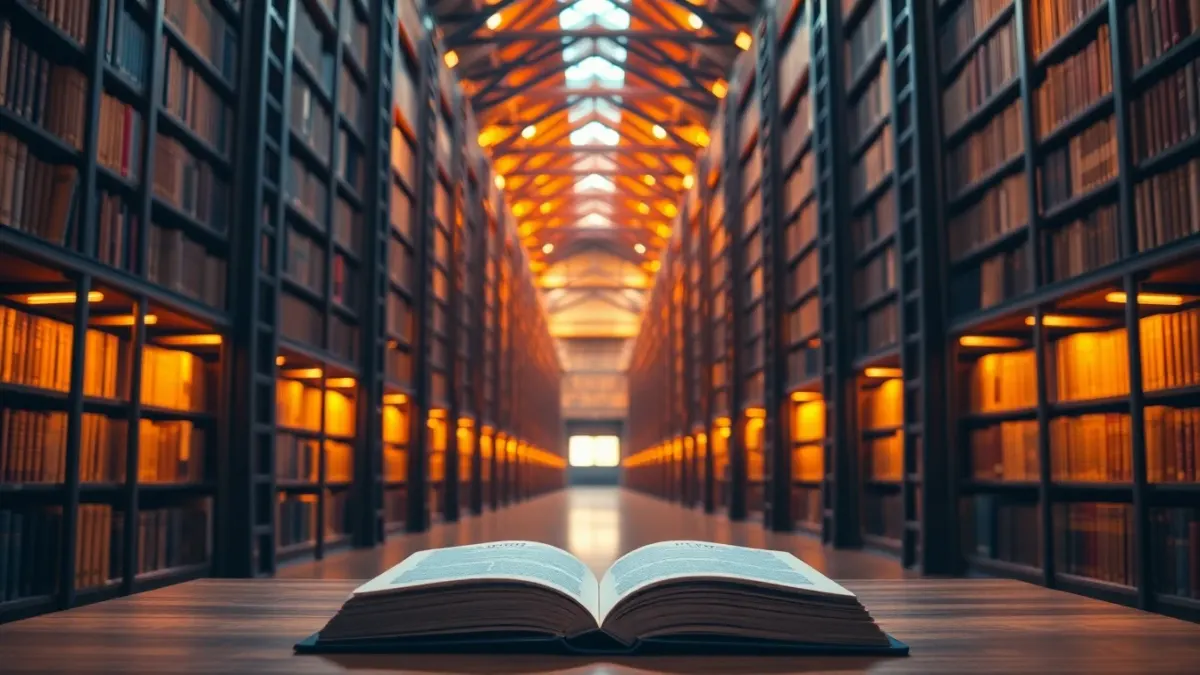 Library aisle with golden light and a single open book on a reading table