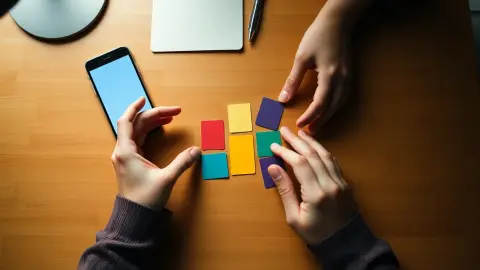 Hands arranging coloured cards on a desk next to a smartphone