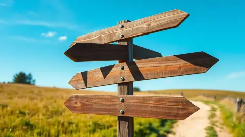 Wooden signpost with arrows in different directions in a sunny meadow