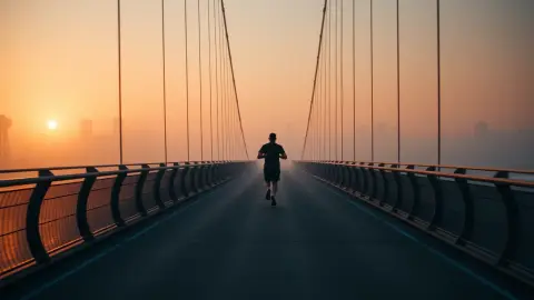 Lone runner crossing a bridge at dawn symbolising persistence