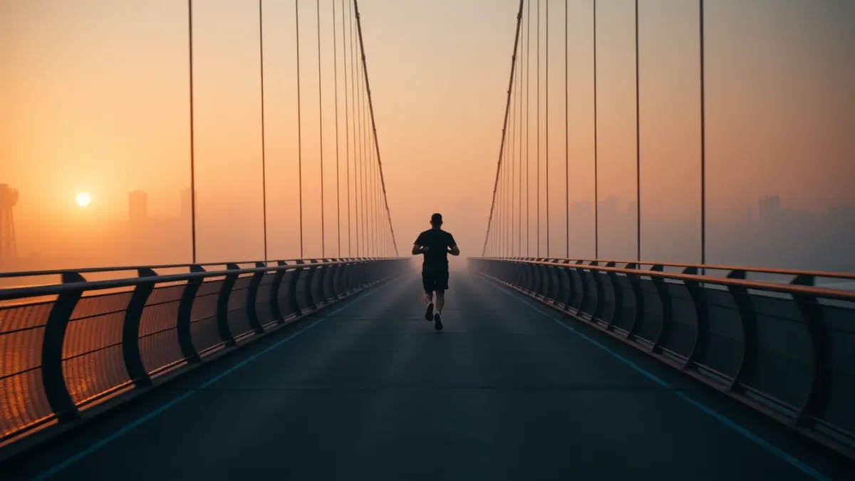 Lone runner crossing a bridge at dawn symbolising persistence