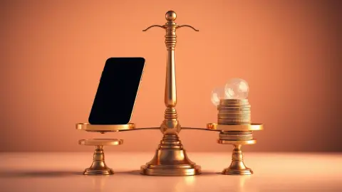 Balance scale weighing a phone against glowing orbs to illustrate judging subscription value