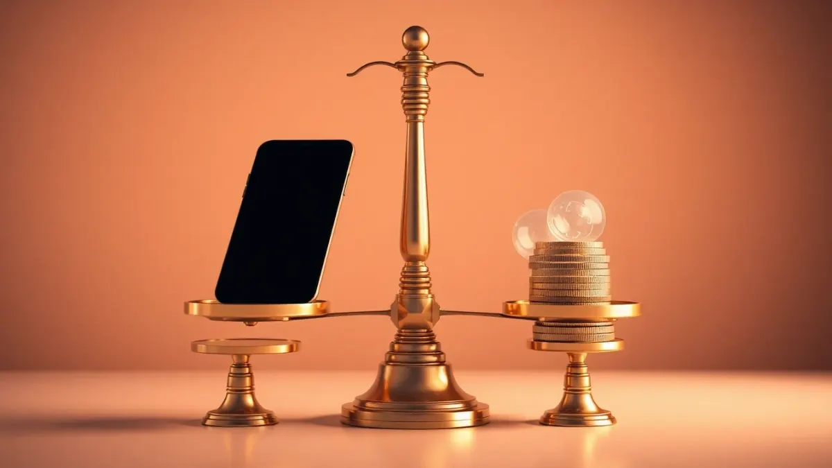 Balance scale weighing a phone against glowing orbs to illustrate judging subscription value