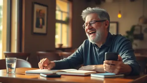 Adult smiling at a sunny cafe table with a notebook and phone