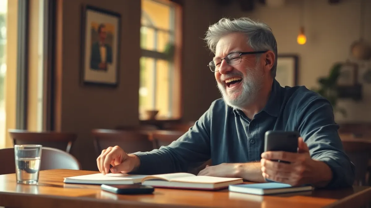 Adult smiling at a sunny cafe table with a notebook and phone