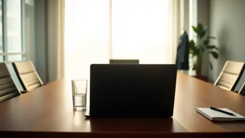 Quiet meeting room table with laptop, notebook and water glass