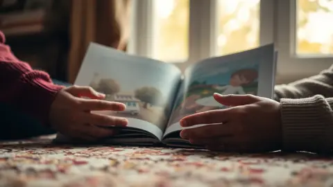 Child's and adult's hands turning the pages of a picture book together