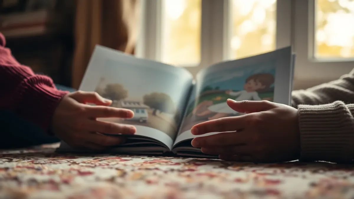 Child's and adult's hands turning the pages of a picture book together