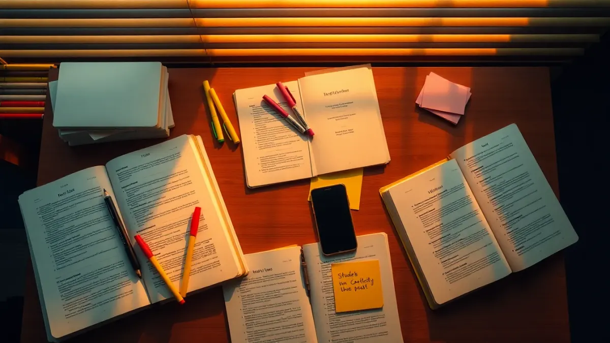 Study desk with textbooks, flashcards and a phone ready for exam revision