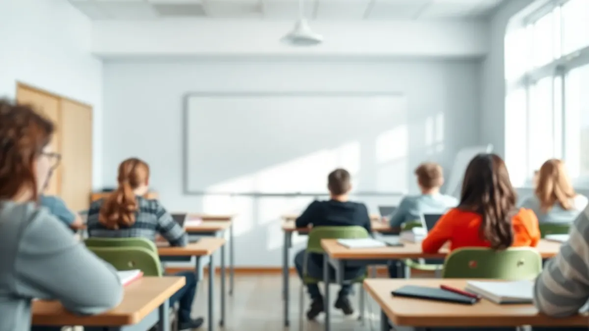 Bright small classroom with notebooks and phones on desks