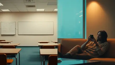 Classroom on one side and a person learning on a phone on the other