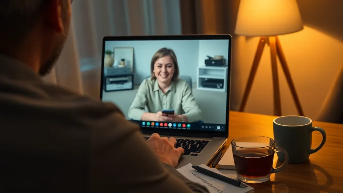 Learner on a video call with a language tutor at a desk