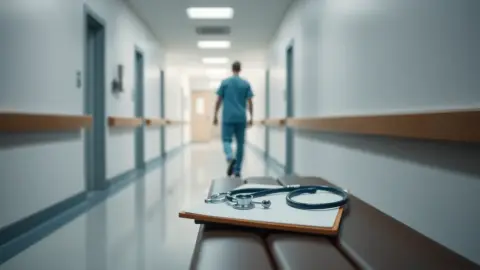 Quiet hospital corridor with a clipboard and stethoscope on a bench