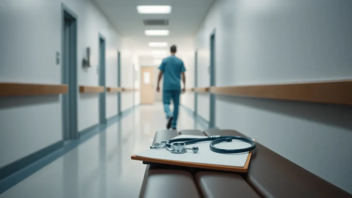 Quiet hospital corridor with a clipboard and stethoscope on a bench