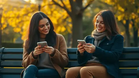 Two friends smiling at their phones on a park bench in warm autumn light