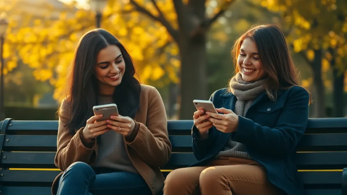 Two friends smiling at their phones on a park bench in warm autumn light