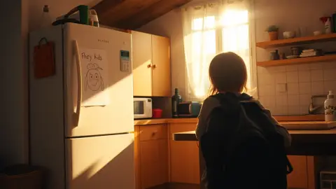 Family kitchen with child's drawing, backpack and phone on a table