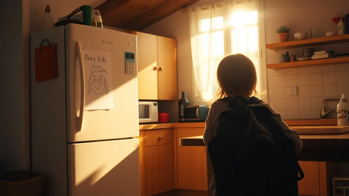 Family kitchen with child's drawing, backpack and phone on a table