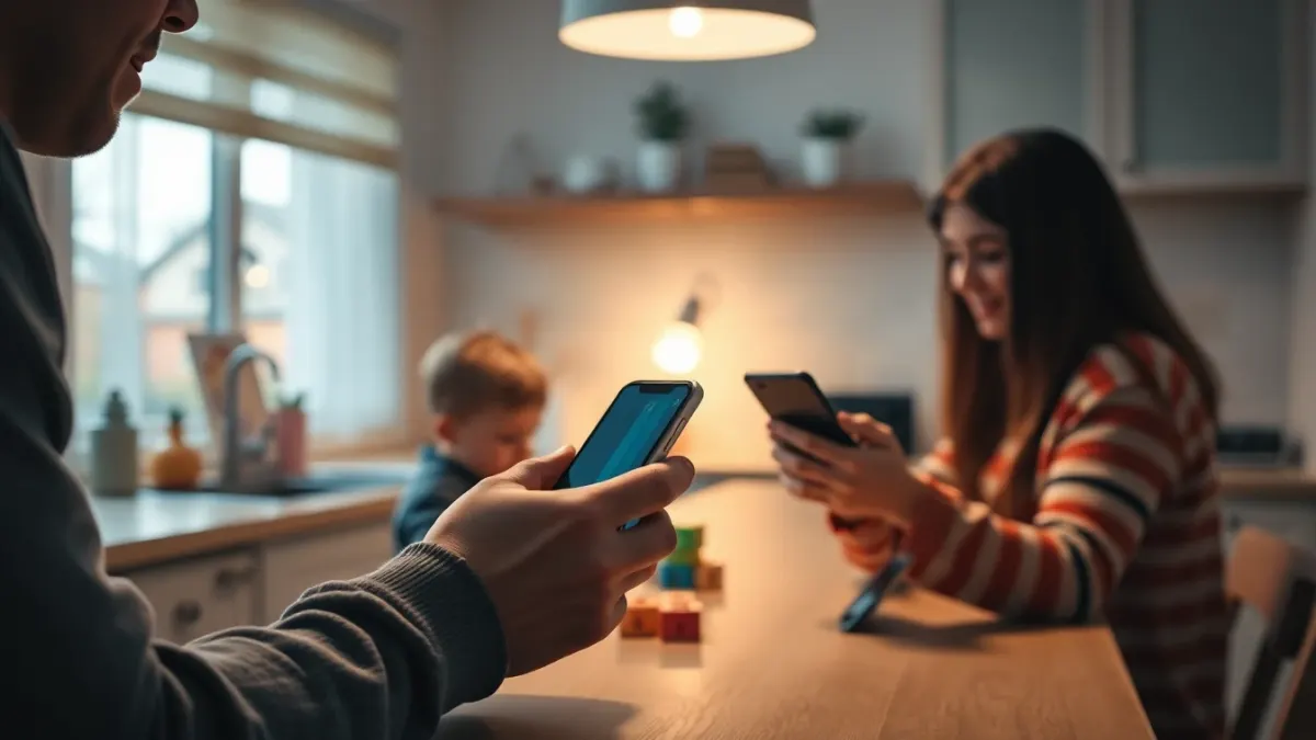 Parent glancing at a phone in a kitchen while a child plays nearby