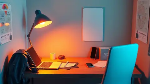 Student desk with laptop, backpack, city map and smartphone
