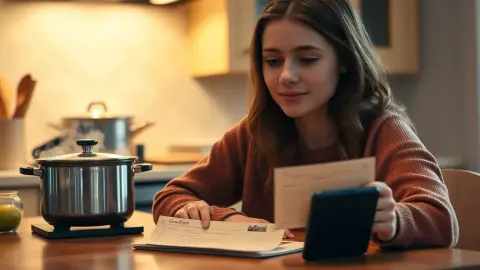 Young adult at a kitchen table reading an old recipe with a phone nearby