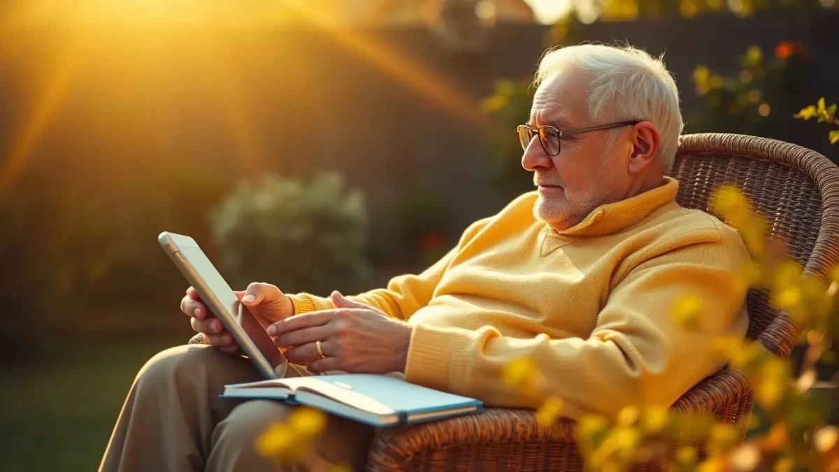 Retiree in a sunny garden using a tablet with a cup of tea