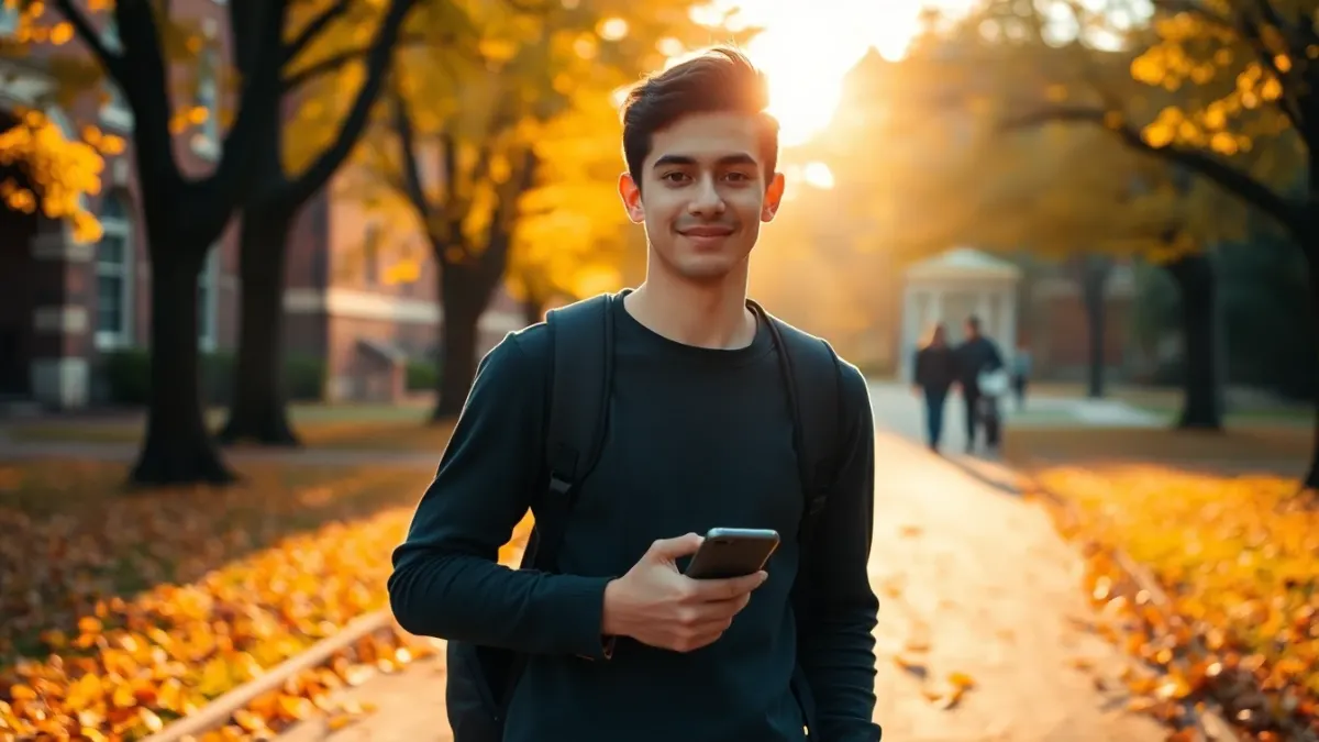 Student with a backpack on a campus path among autumn leaves
