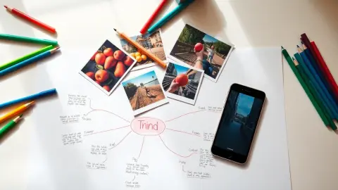 Desk with colourful picture flashcards and a hand-drawn mind map