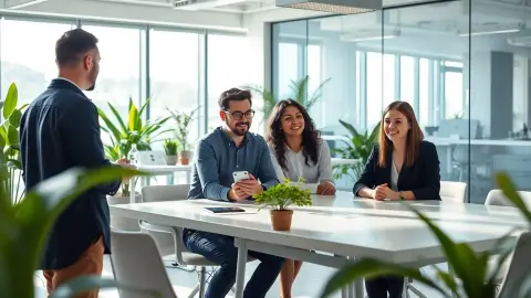 Colleagues in a bright modern office with one using a phone