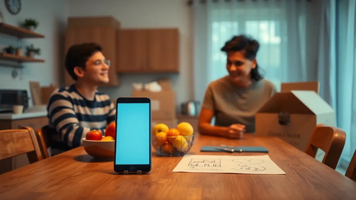 Kitchen table in a new home with boxes, fruit bowl, phone and a child's drawing