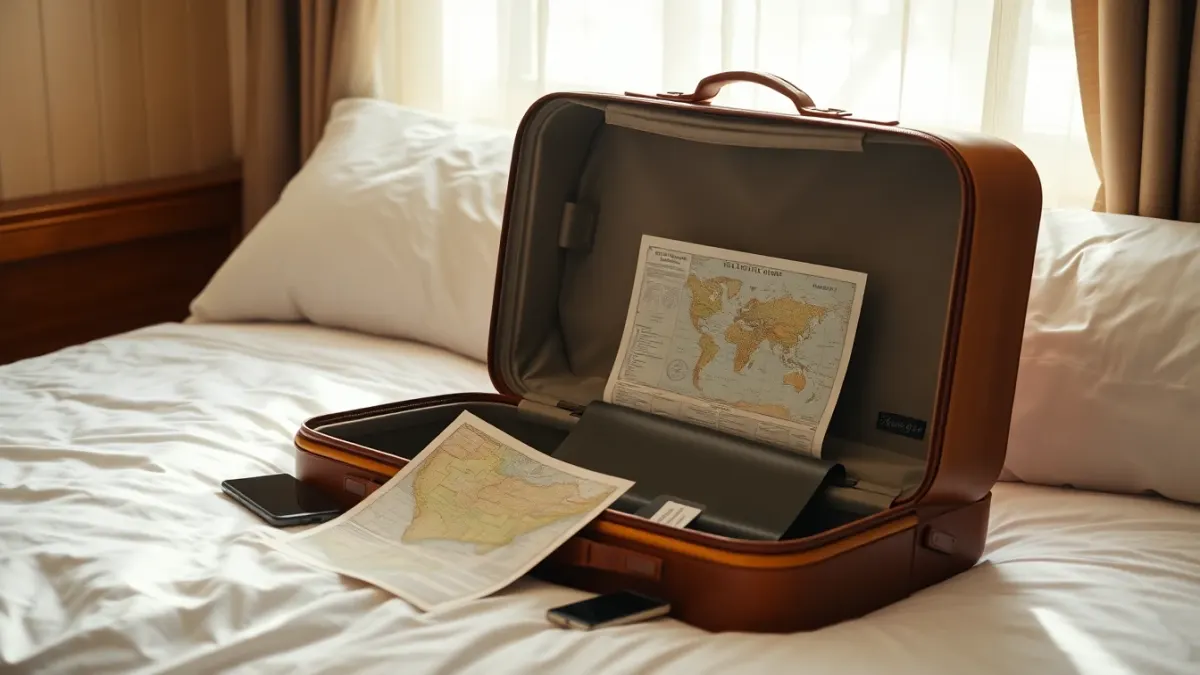 Open suitcase with a map and phone on a bed before a trip