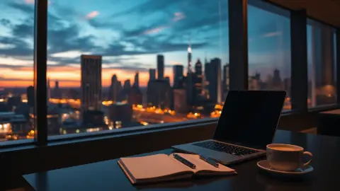 Office desk at dusk with laptop, notebook and coffee overlooking a city skyline