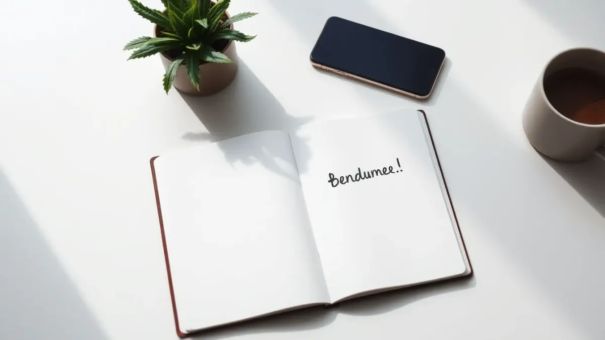 Notebook with a single word and a phone on a clean desk in morning light