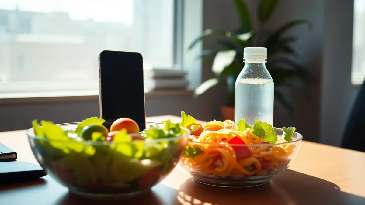 Lunch salad on an office desk with a phone propped against a bottle
