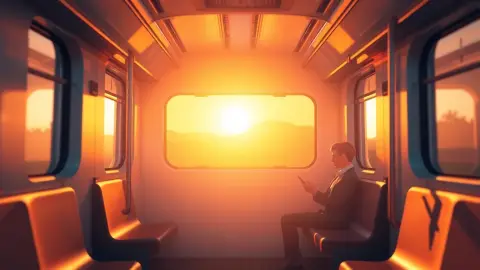 Passenger on a morning train holding a phone in warm sunrise light