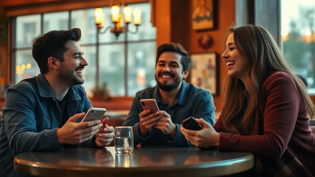 Three friends laughing together over their phones at a cafe table