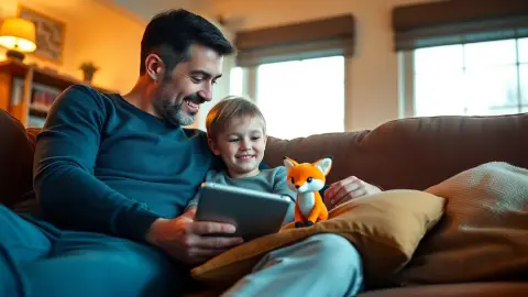 Parent and child on a sofa looking at a tablet together