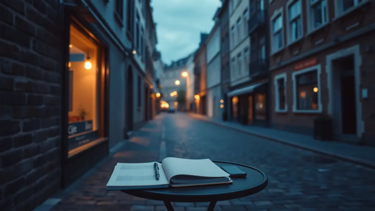 Cobbled old-town street at dusk with notebook and phone on a cafe table