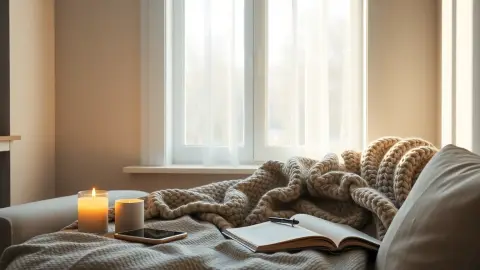 Cosy Scandinavian corner with candle, blanket, phone and notebook