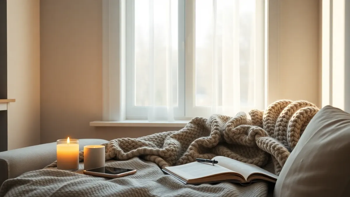 Cosy Scandinavian corner with candle, blanket, phone and notebook