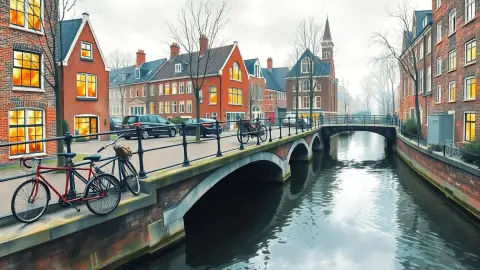 Dutch canal with bicycles and brick houses in soft evening light