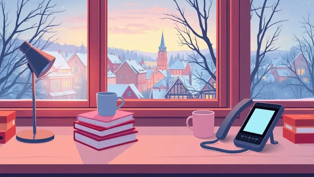 Cosy desk with books and a phone by a window overlooking a snowy town