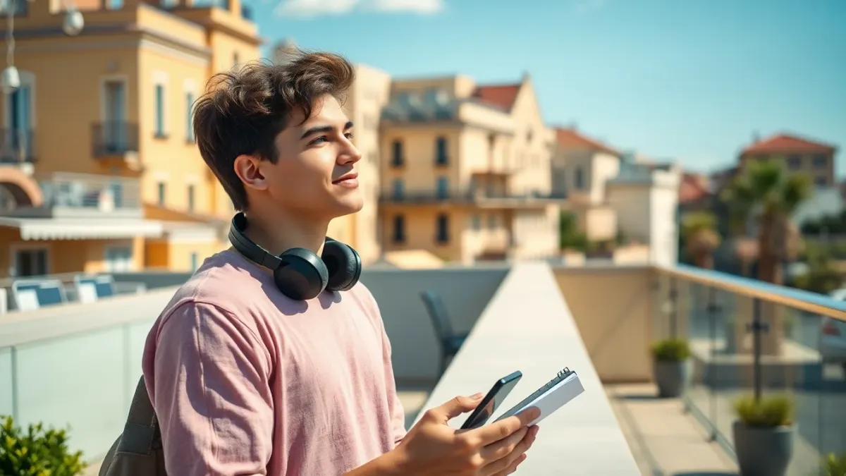 Student on a sunny terrace studying with a notebook, phone and headphones