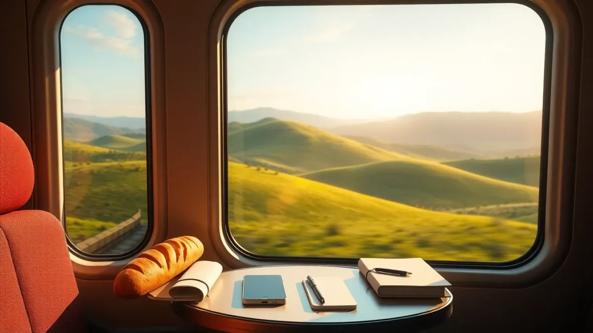 Train window table with phone, baguette and notebook above green hills