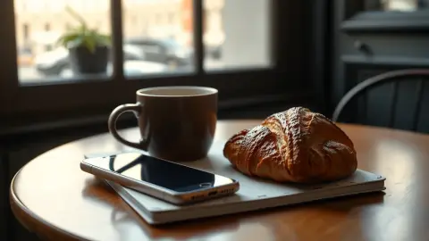 Cafe table with croissant, coffee and a phone beside a notebook