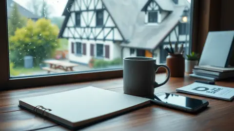 Desk with notebook, tea and phone beside a rainy window