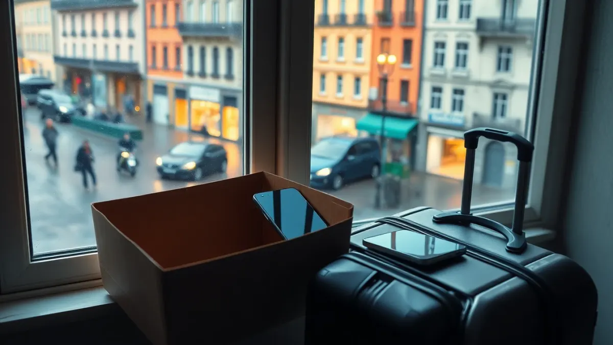 Packed boxes by a window with a phone, a person preparing to move abroad