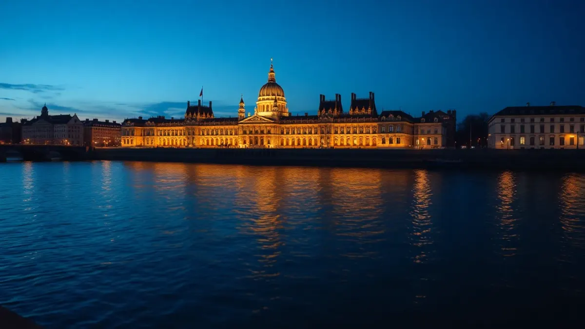 Grand riverside building lit at blue hour reflected in a river