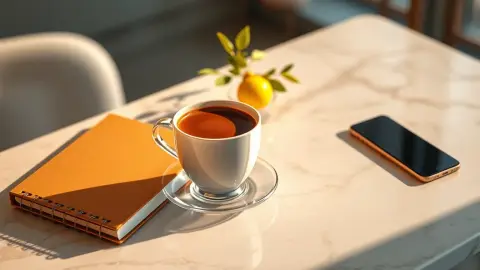 Espresso cup with notebook and smartphone on a marble counter