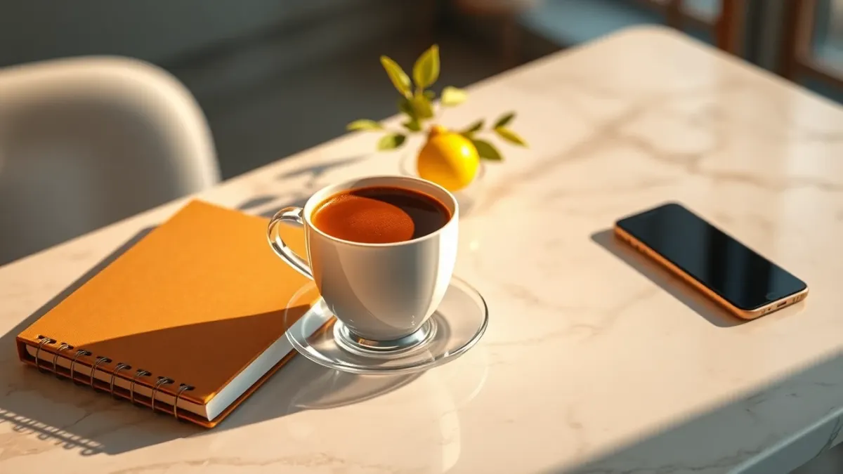 Espresso cup with notebook and smartphone on a marble counter